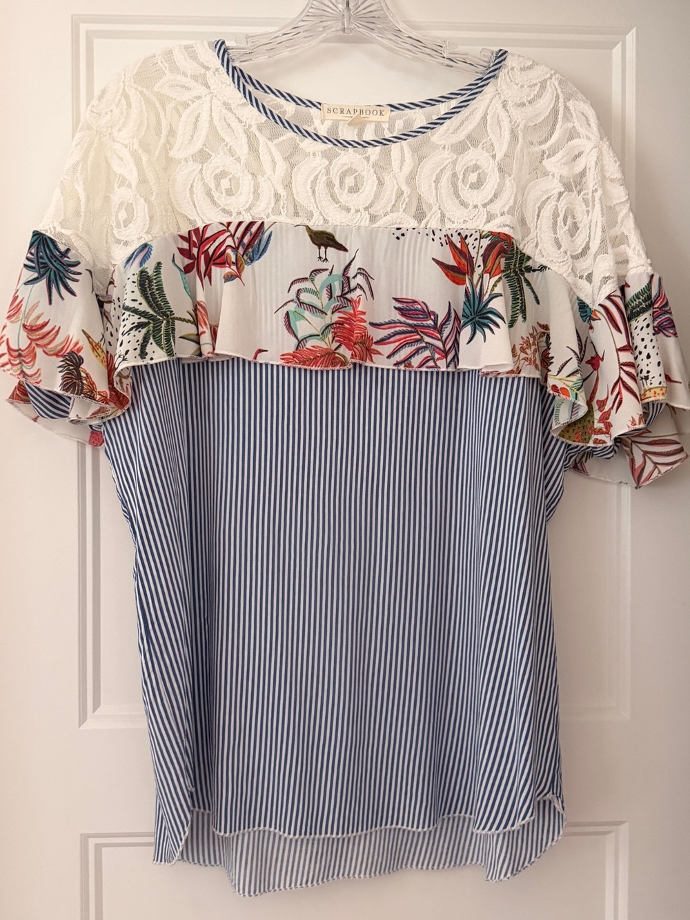 Scrapbook Blue-White Striped Blouse with Floral Ruffle & Lace Yoke
